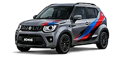 Suzuki Ignis in Mineral Grey with red, blue and black geometric vinyl side graphics, front three-quarter view on a white background.