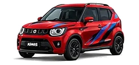 Suzuki Ignis in Burning Red with red, blue and black geometric vinyl side graphics, front three-quarter view on a white background.