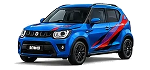 Suzuki Ignis in Speedy Blue with red, blue and black geometric vinyl side graphics, front three-quarter view on a white background.