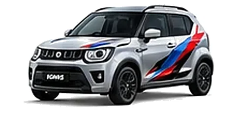 Suzuki Ignis in Silky Silver with red, blue and black geometric vinyl side graphics, front three-quarter view on a white background.