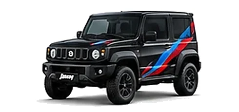 Suzuki Jimny in Super Black Pearl with red, blue and black geometric vinyl side graphics, front three-quarter view on a white background.