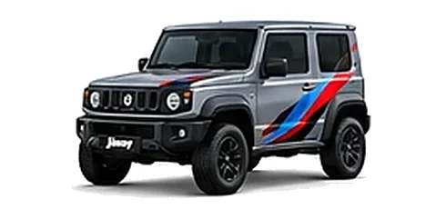 Suzuki Jimny in Mineral Grey with red, blue and black geometric vinyl side graphics, front three-quarter view on a white background.