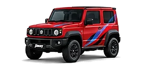Suzuki Jimny in Burning Red with red, blue and black geometric vinyl side graphics, front three-quarter view on a white background.