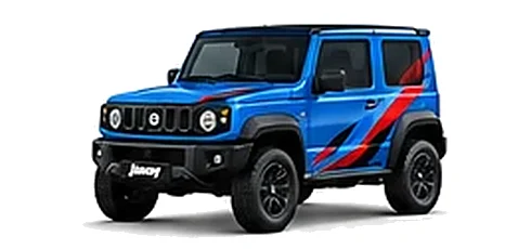 Suzuki Jimny in Speedy Blue with red, blue and black geometric vinyl side graphics, front three-quarter view on a white background.