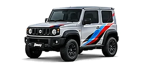 Suzuki Jimny in Silky Silver with red, blue and black geometric vinyl side graphics, front three-quarter view on a white background.