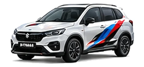 Suzuki S-Cross in Cool White Pearl with red, blue and black geometric vinyl side graphics, front three-quarter view on a white background.