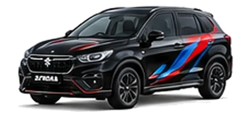 Suzuki S-Cross in Super Black Pearl with red, blue and black geometric vinyl side graphics, front three-quarter view on a white background.