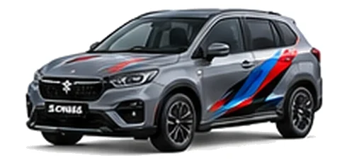 Suzuki S-Cross in Mineral Grey with red, blue and black geometric vinyl side graphics, front three-quarter view on a white background.