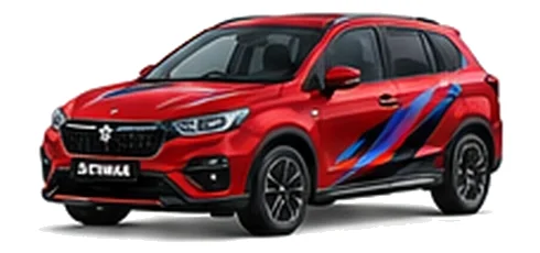 Suzuki S-Cross in Burning Red with red, blue and black geometric vinyl side graphics, front three-quarter view on a white background.