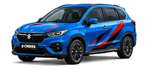 Suzuki S-Cross in Speedy Blue with red, blue and black geometric vinyl side graphics, front three-quarter view on a white background.