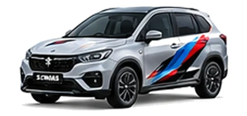 Suzuki S-Cross in Silky Silver with red, blue and black geometric vinyl side graphics, front three-quarter view on a white background.