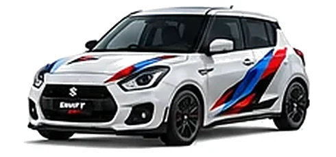 Suzuki Swift in Cool White Pearl with red, blue and black geometric vinyl side graphics, front three-quarter view on a white background.