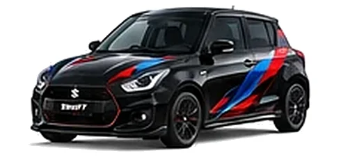 Suzuki Swift in Super Black Pearl with red, blue and black geometric vinyl side graphics, front three-quarter view on a white background.