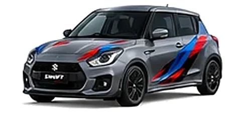 Suzuki Swift in Mineral Grey with red, blue and black geometric vinyl side graphics, front three-quarter view on a white background.