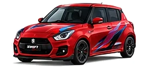 Suzuki Swift in Burning Red with red, blue and black geometric vinyl side graphics, front three-quarter view on a white background.