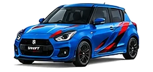Suzuki Swift in Speedy Blue with red, blue and black geometric vinyl side graphics, front three-quarter view on a white background.