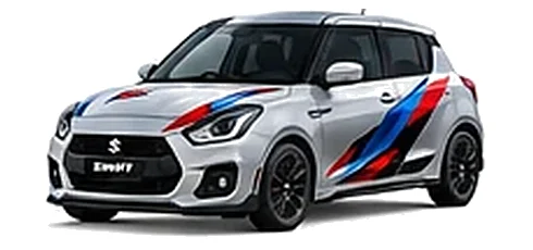 Suzuki Swift in Silky Silver with red, blue and black geometric vinyl side graphics, front three-quarter view on a white background.