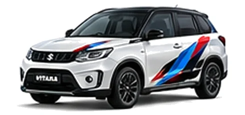 Suzuki Vitara in Cool White Pearl with red, blue and black geometric vinyl side graphics, front three-quarter view on a white background.