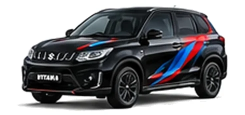 Suzuki Vitara in Super Black Pearl with red, blue and black geometric vinyl side graphics, front three-quarter view on a white background.