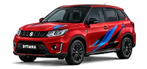 Suzuki Vitara in Burning Red with red, blue and black geometric vinyl side graphics, front three-quarter view on a white background.