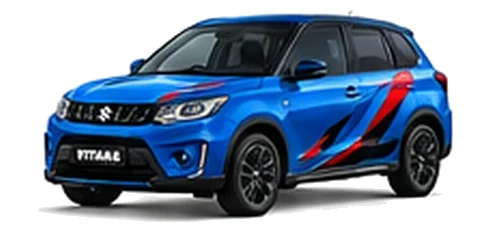 Suzuki Vitara in Speedy Blue with red, blue and black geometric vinyl side graphics, front three-quarter view on a white background.