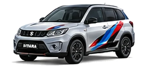 Suzuki Vitara in Silky Silver with red, blue and black geometric vinyl side graphics, front three-quarter view on a white background.