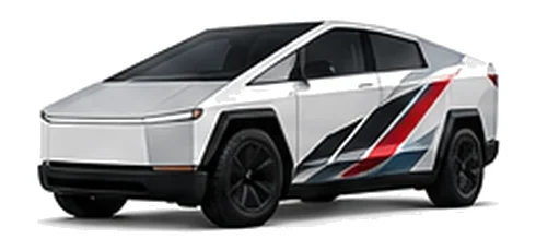 Tesla Cybertruck in Pearl White Multi-Coat with red, white and black angular vinyl side graphics, front three-quarter view on a white background.