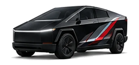 Tesla Cybertruck in Solid Black with red, white and black angular vinyl side graphics, front three-quarter view on a white background.