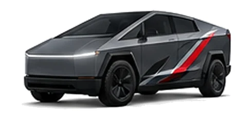 Tesla Cybertruck in Stealth Grey with red, white and black angular vinyl side graphics, front three-quarter view on a white background.
