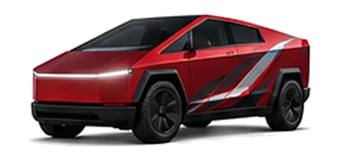 Tesla Cybertruck in Ultra Red with red, white and black angular vinyl side graphics, front three-quarter view on a white background.