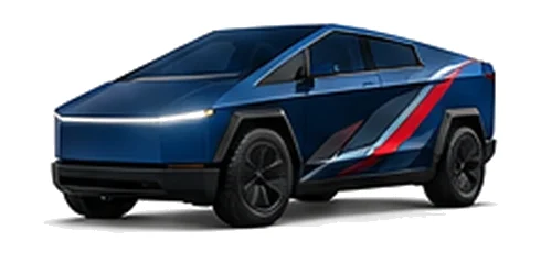 Tesla Cybertruck in Deep Blue Metallic with red, white and black angular vinyl side graphics, front three-quarter view on a white background.