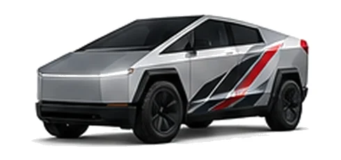 Tesla Cybertruck in Quicksilver with red, white and black angular vinyl side graphics, front three-quarter view on a white background.