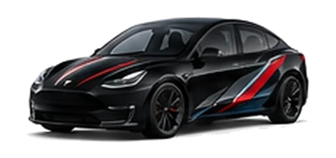 Tesla Model 3 in Solid Black with red, white and black angular vinyl side graphics, front three-quarter view on a white background.