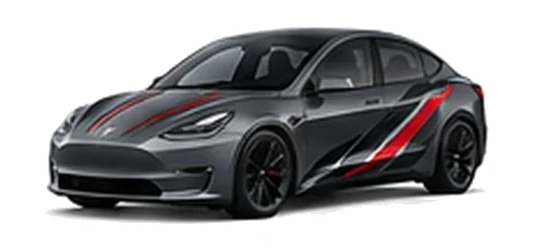 Tesla Model 3 in Stealth Grey with red, white and black angular vinyl side graphics, front three-quarter view on a white background.
