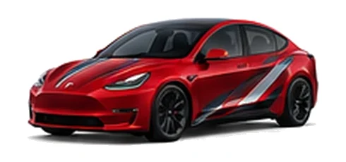 Tesla Model 3 in Ultra Red with red, white and black angular vinyl side graphics, front three-quarter view on a white background.