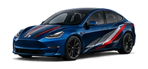 Tesla Model 3 in Deep Blue Metallic with red, white and black angular vinyl side graphics, front three-quarter view on a white background.