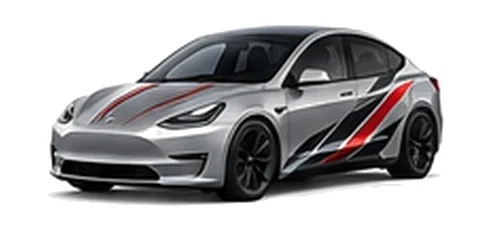 Tesla Model 3 in Quicksilver with red, white and black angular vinyl side graphics, front three-quarter view on a white background.