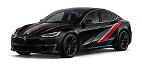 Tesla Model S in Solid Black with red, white and black angular vinyl side graphics, front three-quarter view on a white background.