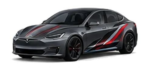 Tesla Model S in Stealth Grey with red, white and black angular vinyl side graphics, front three-quarter view on a white background.