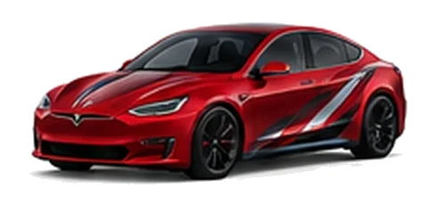 Tesla Model S in Ultra Red with red, white and black angular vinyl side graphics, front three-quarter view on a white background.
