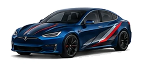 Tesla Model S in Deep Blue Metallic with red, white and black angular vinyl side graphics, front three-quarter view on a white background.