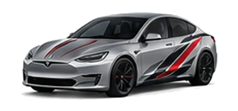 Tesla Model S in Quicksilver with red, white and black angular vinyl side graphics, front three-quarter view on a white background.