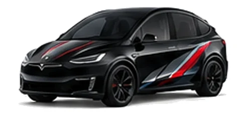 Tesla Model X in Solid Black with red, white and black angular vinyl side graphics, front three-quarter view on a white background.