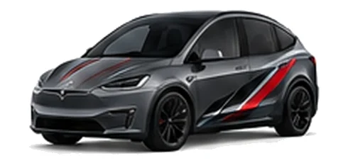 Tesla Model X in Stealth Grey with red, white and black angular vinyl side graphics, front three-quarter view on a white background.