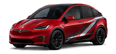 Tesla Model X in Ultra Red with red, white and black angular vinyl side graphics, front three-quarter view on a white background.