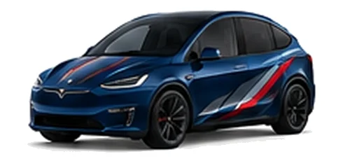 Tesla Model X in Deep Blue Metallic with red, white and black angular vinyl side graphics, front three-quarter view on a white background.
