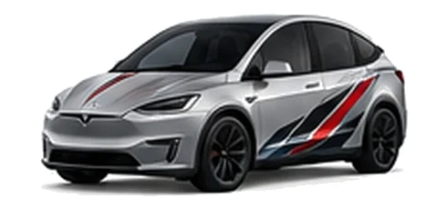 Tesla Model X in Quicksilver with red, white and black angular vinyl side graphics, front three-quarter view on a white background.