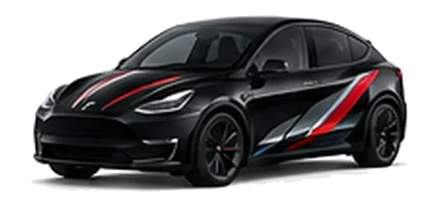 Tesla Model Y in Solid Black with red, white and black angular vinyl side graphics, front three-quarter view on a white background.