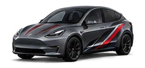 Tesla Model Y in Stealth Grey with red, white and black angular vinyl side graphics, front three-quarter view on a white background.