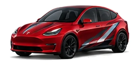 Tesla Model Y in Ultra Red with red, white and black angular vinyl side graphics, front three-quarter view on a white background.